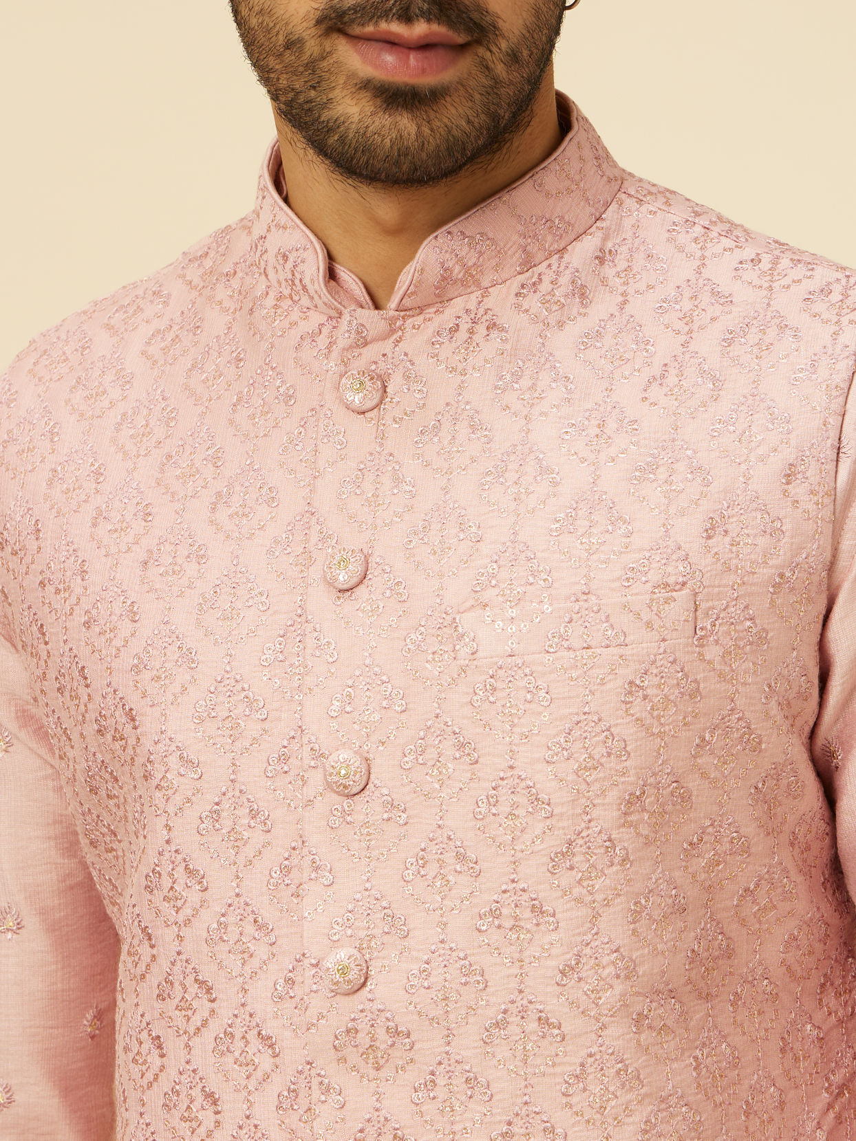 alt message - Manyavar Men Dusty Pink Self Patterned Jacket Set image number 1